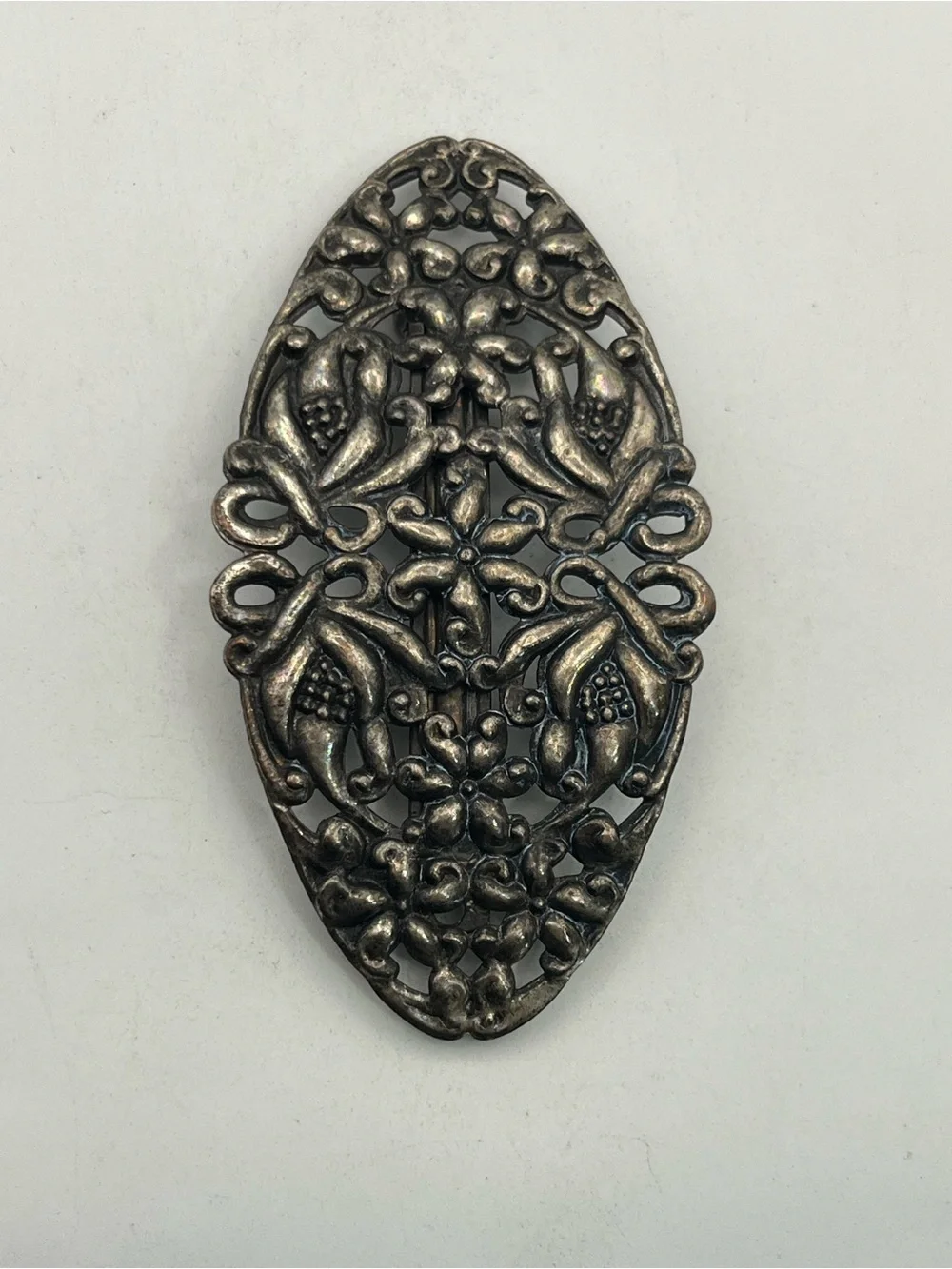 Art Nouveau style silver tone flower filigree oval hair clip barrette